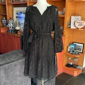 NWT Nanette Lepore Black Gold Sheer Sleeve Tiered Dress Party Dress 6